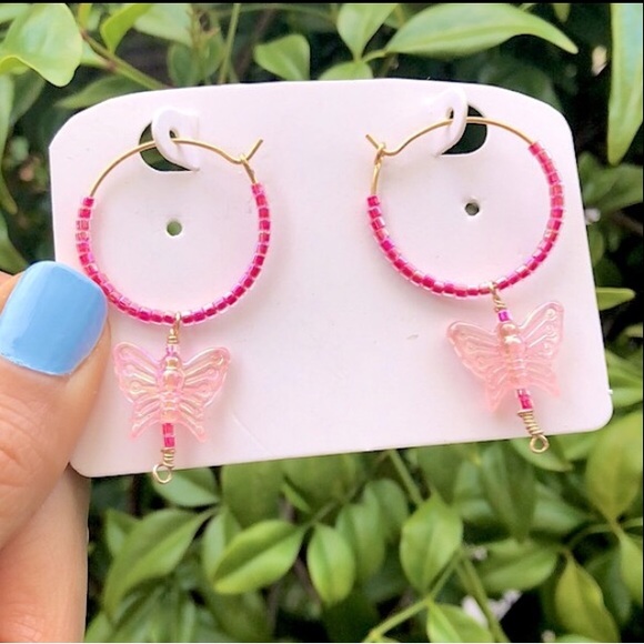 Pink Aurora Borealis Butterfly Hoop Earrings - Picture 3 of 3